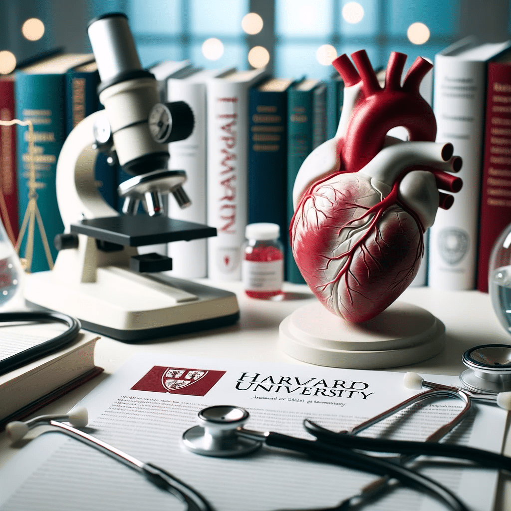 Photo of a professional setting with a human heart model on a table surrounded by medical equipment and research papers. In the background the logo