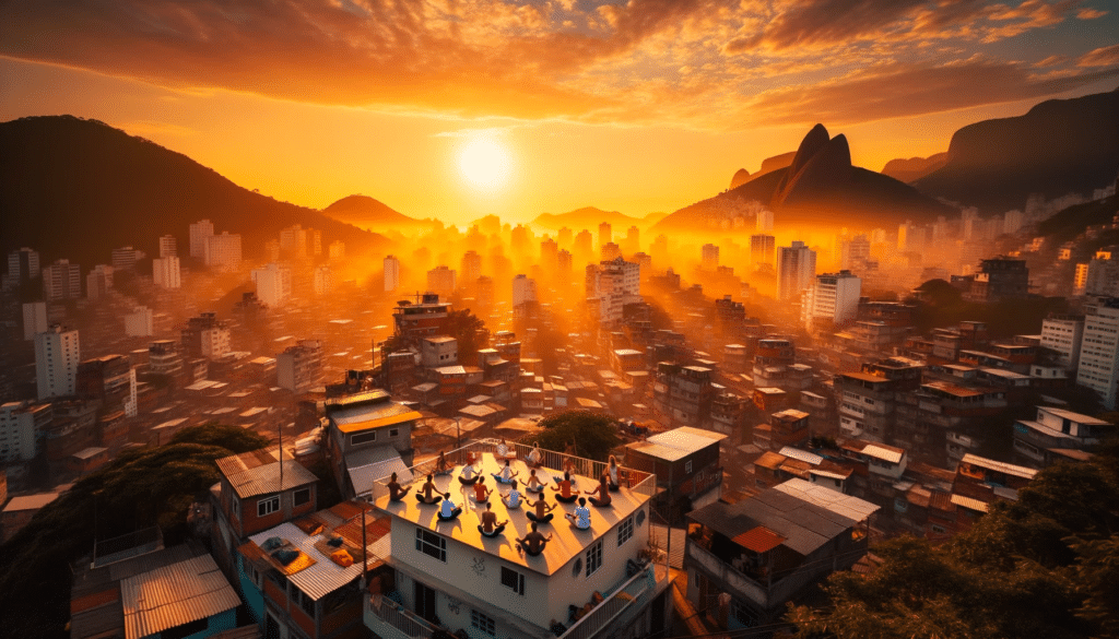 Photo of a radiant sunset casting a golden hue over Rio de Janeiros distinctive skyline. On the first rooftop of a favela small groups of individual