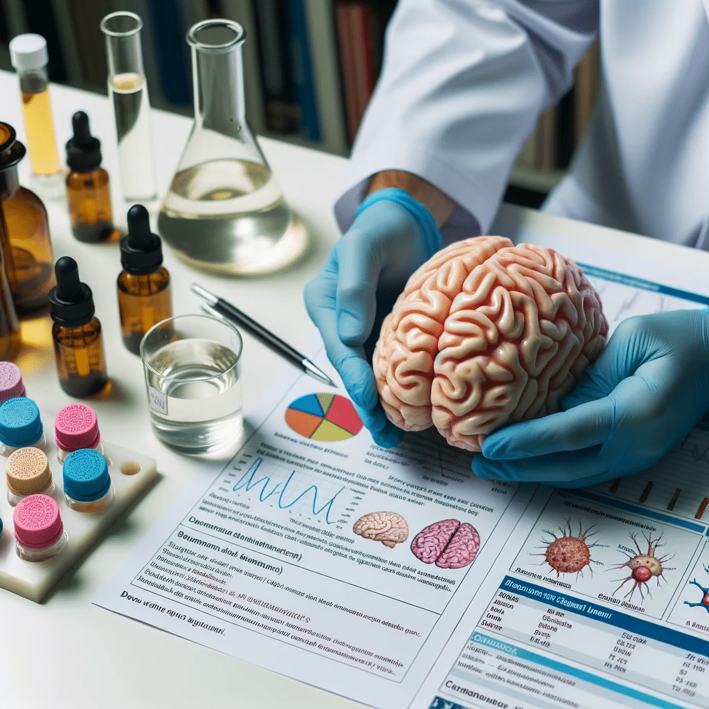 Photo of a scientist in a lab examining a brain model with notes and research data related to the effects of alcohol on cognitive function spread out