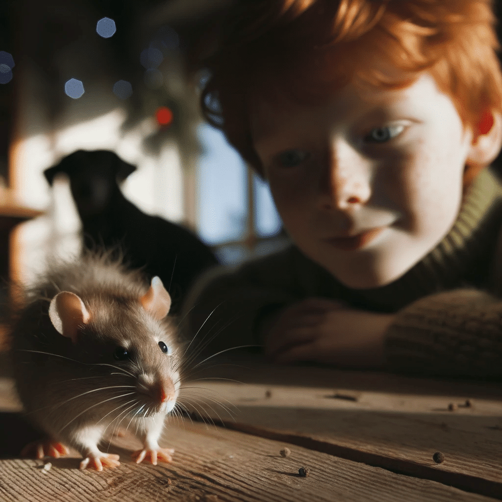 Photo of a scruffy brown pet rat on a wooden table, with a boy with red hair looking at it curiously, and a shadow of a man and a dog in the backgroun
