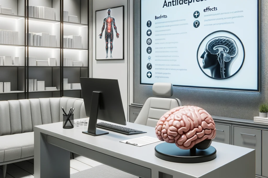 Photo of a sleek health clinics consultation room with modern furniture. On the doctors desk is a detailed model of the brain next to which are pam