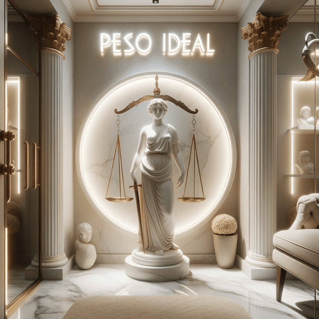 imagens representando uma clínica com uma estátua grega e uma balança de dois lados na entrada, simbolizando o conceito de "Peso Ideal".