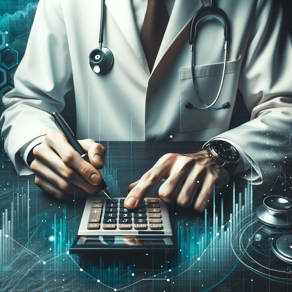 Photo of a sophisticated medical professional using a calculator with a harmonious blend of dark cyan brown and gold tones emphasizing the concept