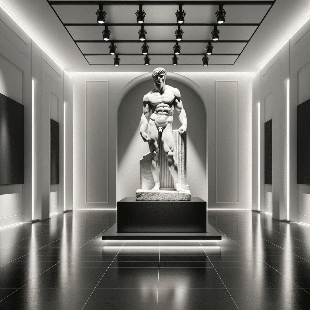 Photo of a sophisticated modern museum interior with high ceilings minimalist white walls and sleek black flooring. Centered in the room is a detail