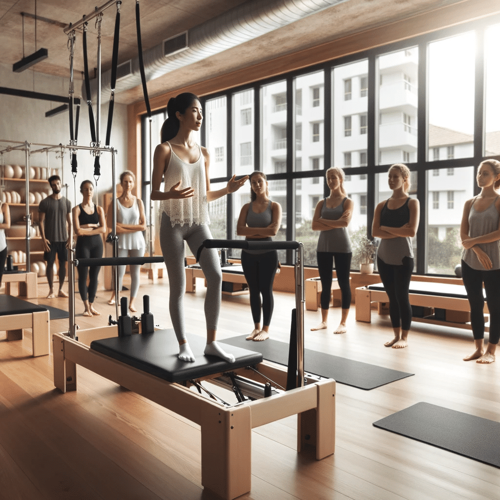 Photo of a spacious and well lit pilates studio with large windows and wooden floors. A female instructor of Hispanic descent is demonstrating a pilat 1
