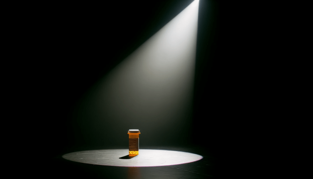 Photo of a stage with a single spotlight illuminating a Benzodiazepinicos pill bottle while the rest of the stage is shrouded in darkness hinting at