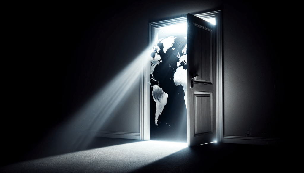 Photo of a suspenseful scene with a closed door slightly ajar revealing a glimpse of a world map on the other side. A beam of light shines through th