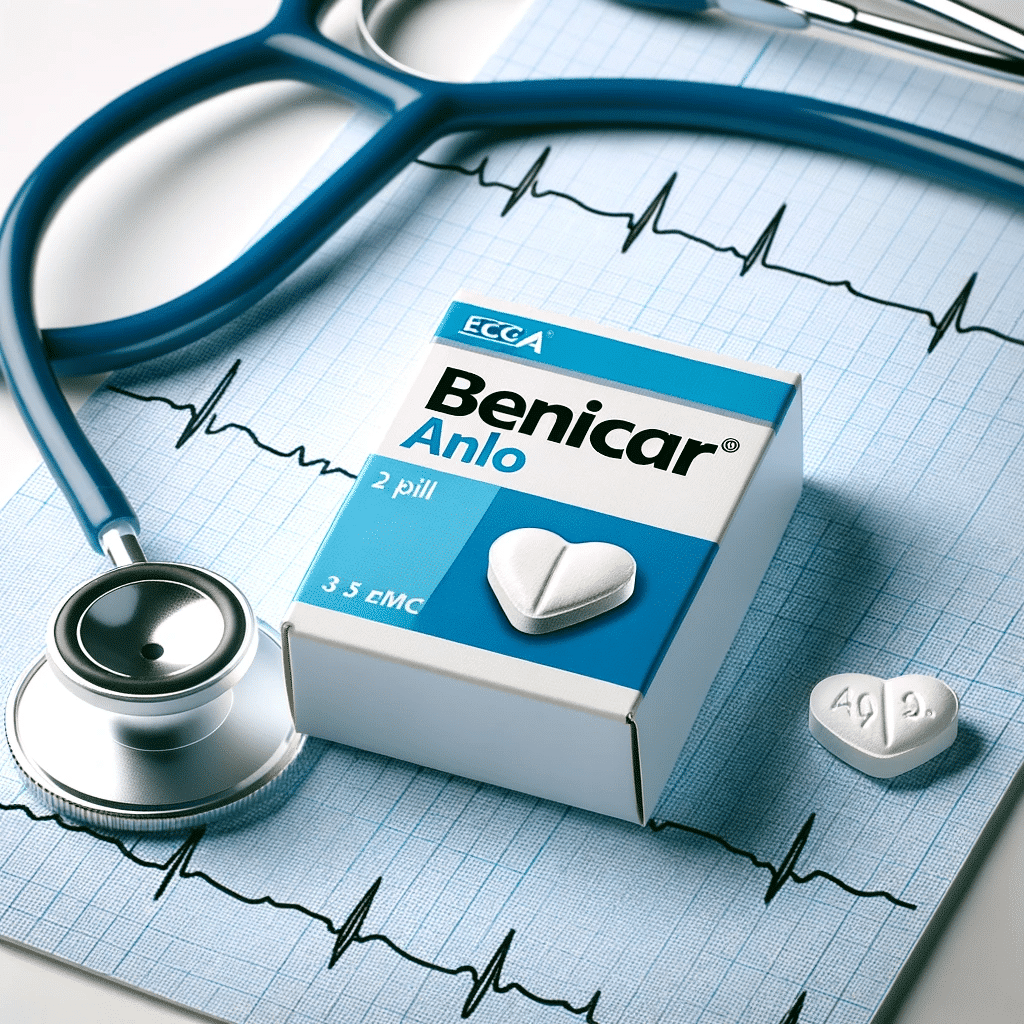 Photo of a white and blue pill box labeled Benicar Anlo with a heart and ECG rhythm in the background. The pill box is displayed on a clean white su