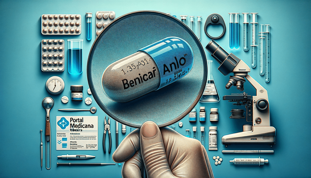 Photo of a wide view where a doctors hand is prominently holding a benicar anlo pill under a magnifying glass. The details of the pill are magnifie