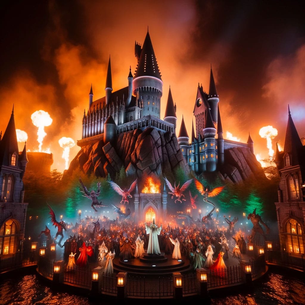 Photo of an illuminated castle at night, surrounded by a protective barrier, with wizards and magical creatures battling dark forces amidst fiery expl