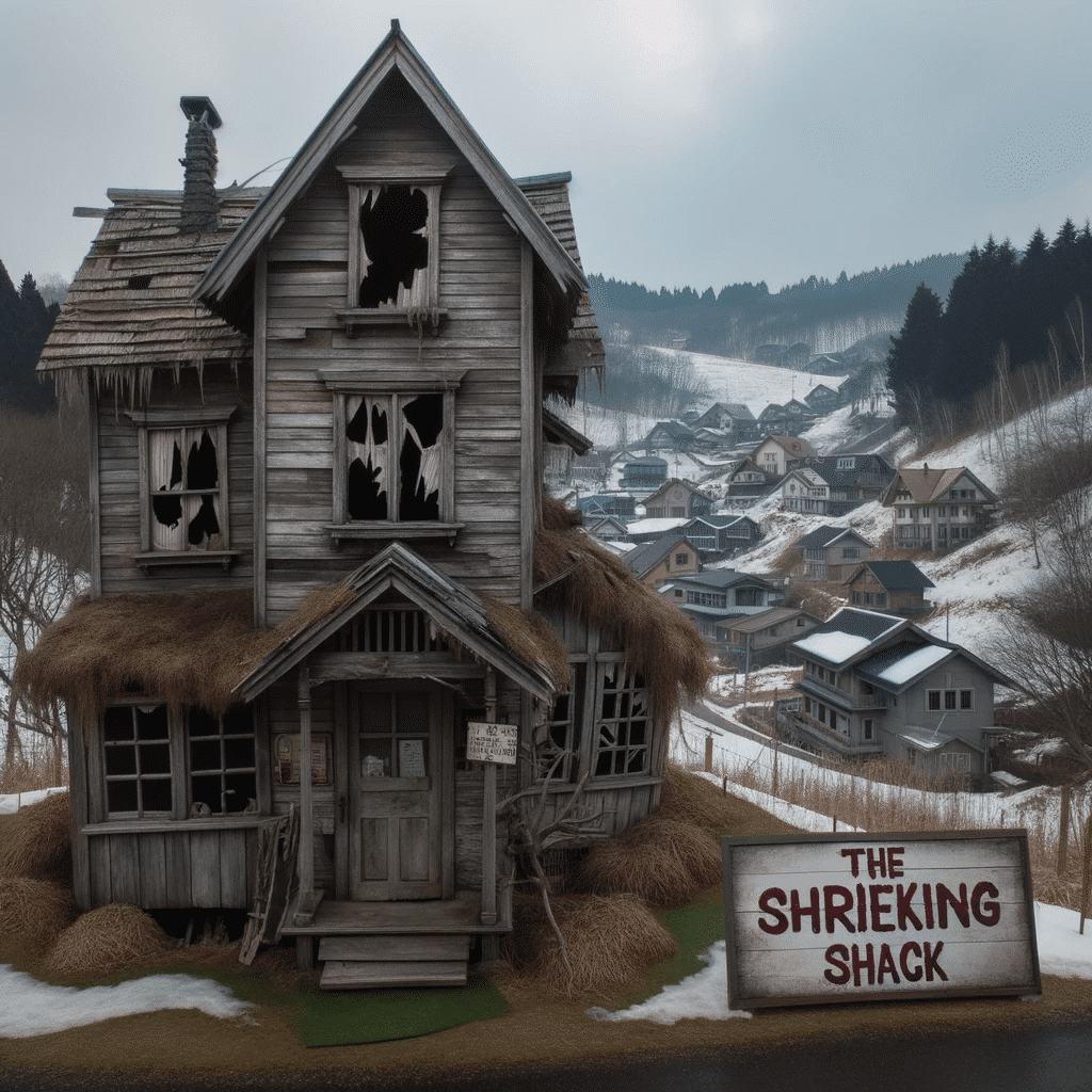 Photo of an old, eerie-looking wooden house on a hill, with broken windows and a sign saying 'The Shrieking Shack', with a snowy village in the backgr