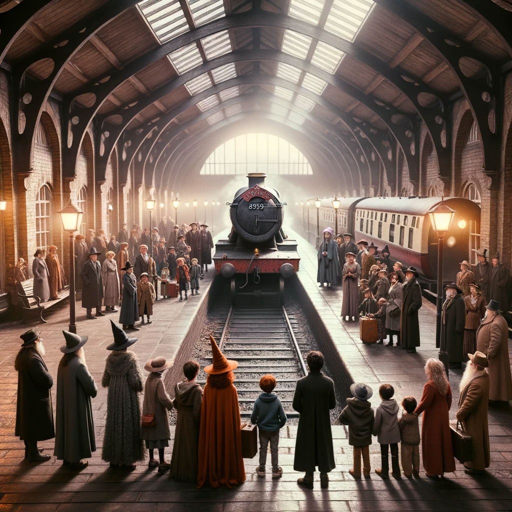 Photo of an old-fashioned train platform with families saying their goodbyes, and a group of grown-up wizards and witches watching their children boar