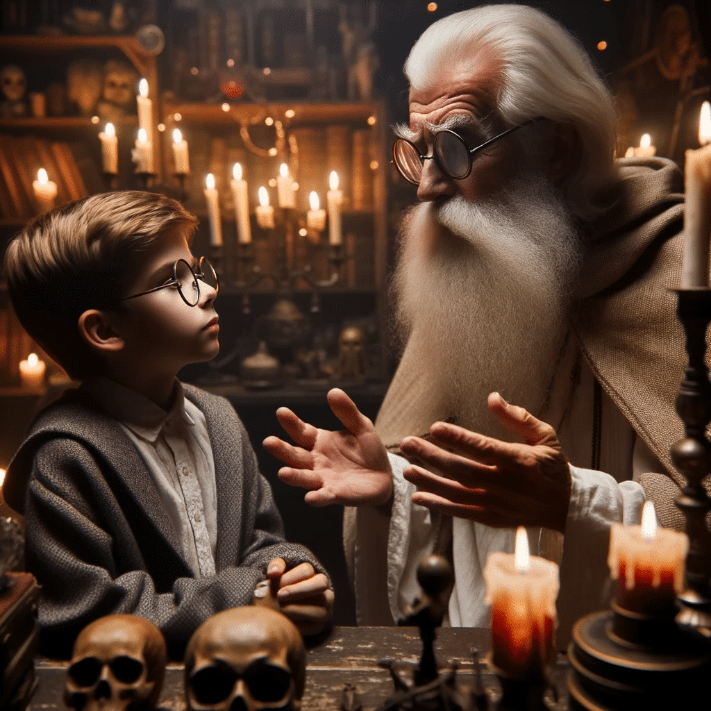 Photo of an old wizard with a long white beard and half-moon glasses, speaking earnestly to a young boy with glasses in a candlelit office filled with