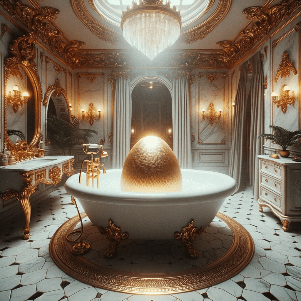 Photo of an ornate bathroom with a large bathtub, with a shimmering golden egg placed on the edge, emitting a mysterious sound