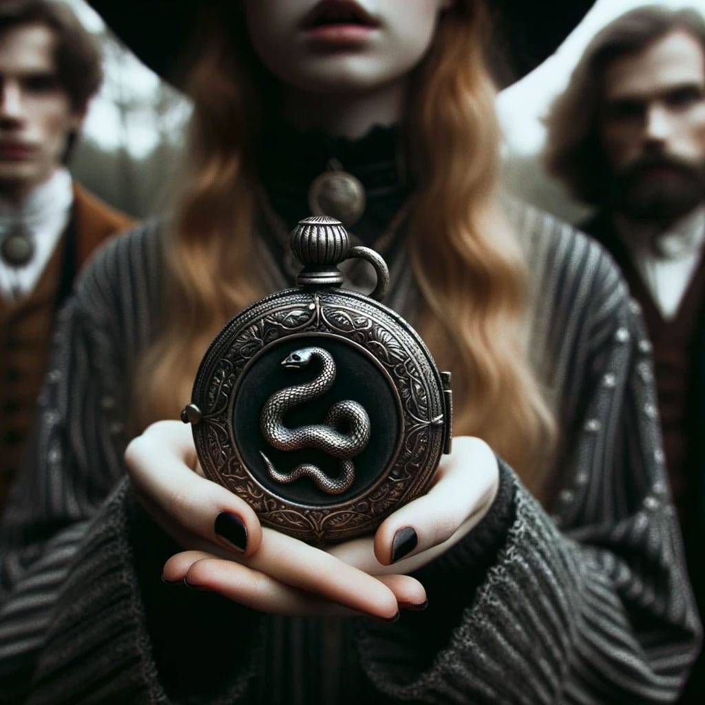Photo of an ornate, dark locket with a serpent emblem, held in the hand of a young witch, with her two companions looking on with concern