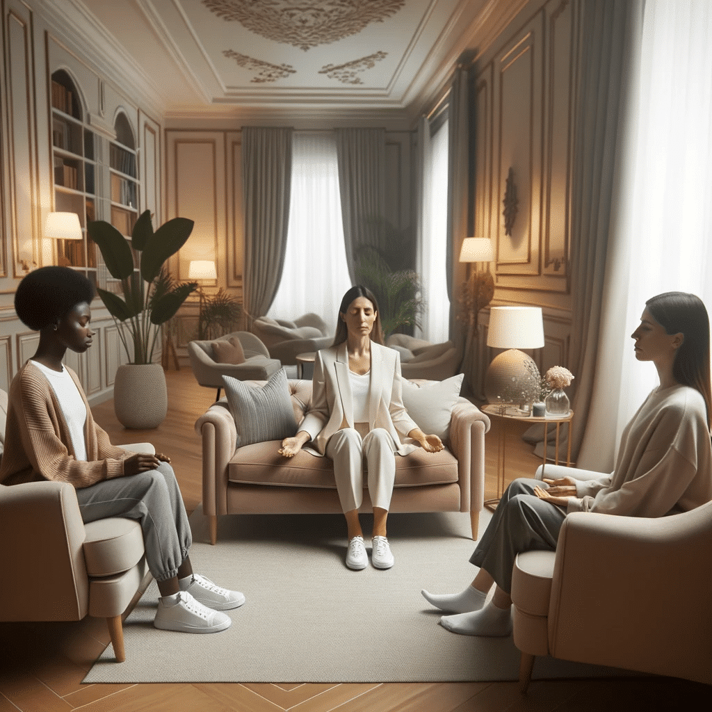 Photo of an upscale sophisticated room with elegant furnishings soft lighting and calming colors. A therapist is guiding a small diverse group of t