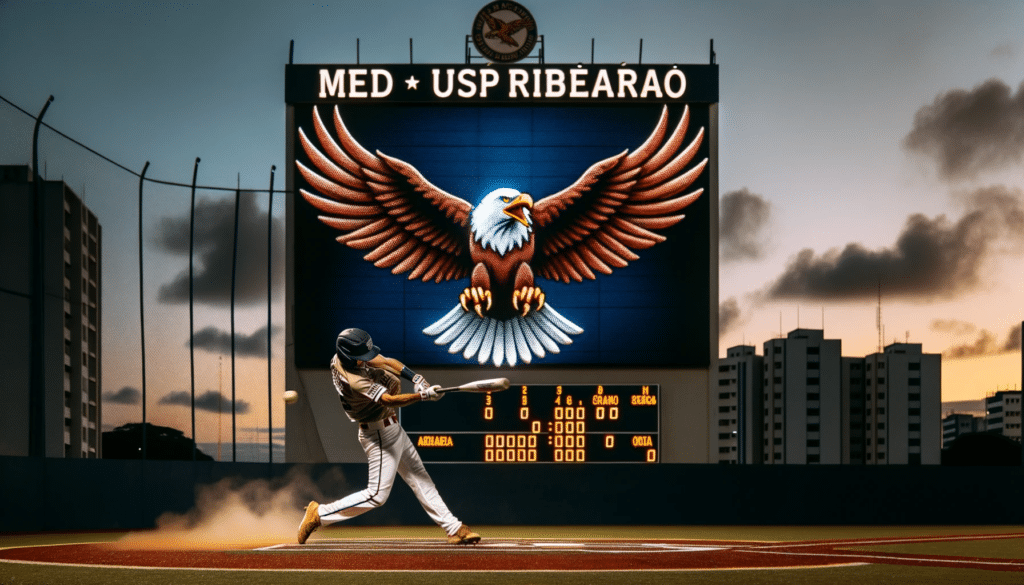 Photo of the MED USP Ribeirao baseball team in action with a player about to hit a home run. In the background a large digital scoreboard displays t