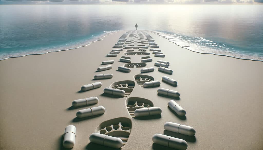 Portal Medicina Ribeirao 2023 10 14 15.52.15 Digital render of a calm beach scene where the sand is imprinted with Benzodiazepinicos pills that transition into footsteps indicating the journey o
