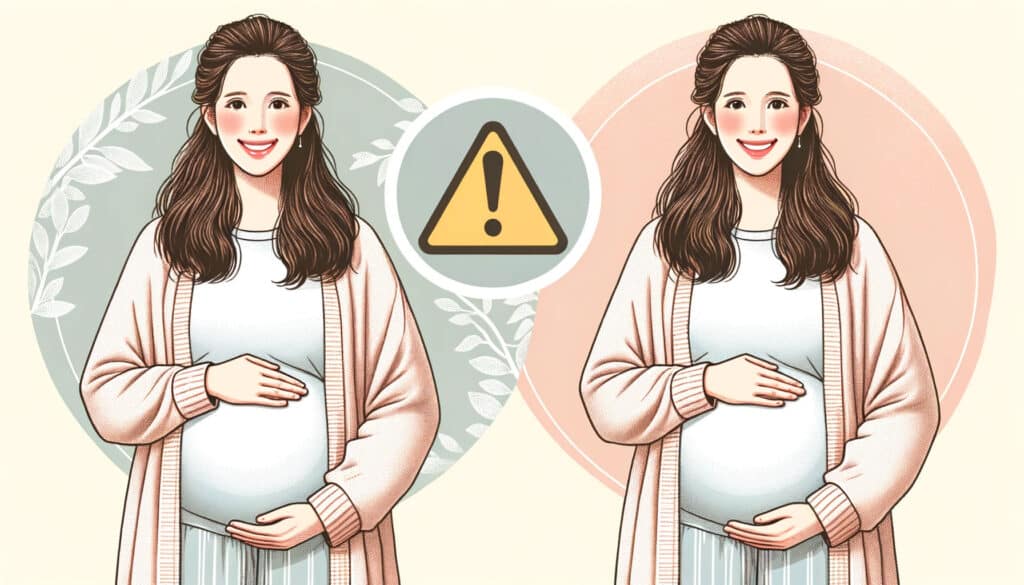 Portal Medicina Ribeirao 2023 10 14 23.42.28 Detailed illustration of a smiling pregnant woman in comfortable clothing set against a calming backdrop. To her side a prominent caution sign is di