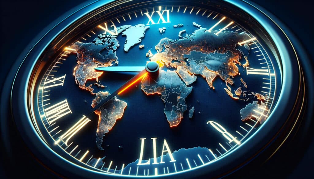 Illustration of a ticking clock superimposed on a world map. The hour hand points to a specific country glowing in ciano, suggesting the urgency and h