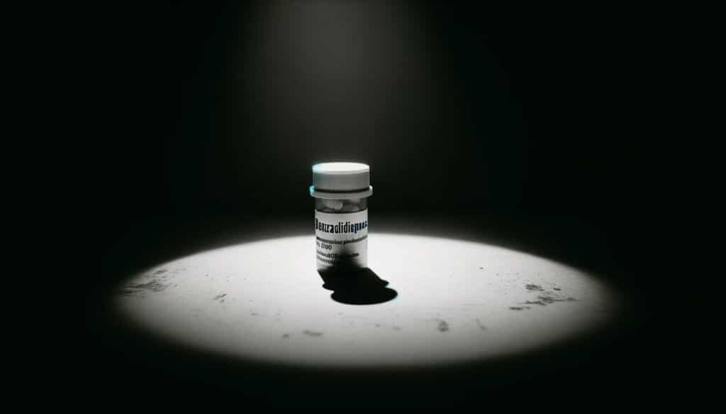 Portal Medicina Ribeirao Photo of a dimly lit room where a single pill bottle labeled Benzodiazepinicos stands in the spotlight. Shadows cast eerie patterns emphasizing the