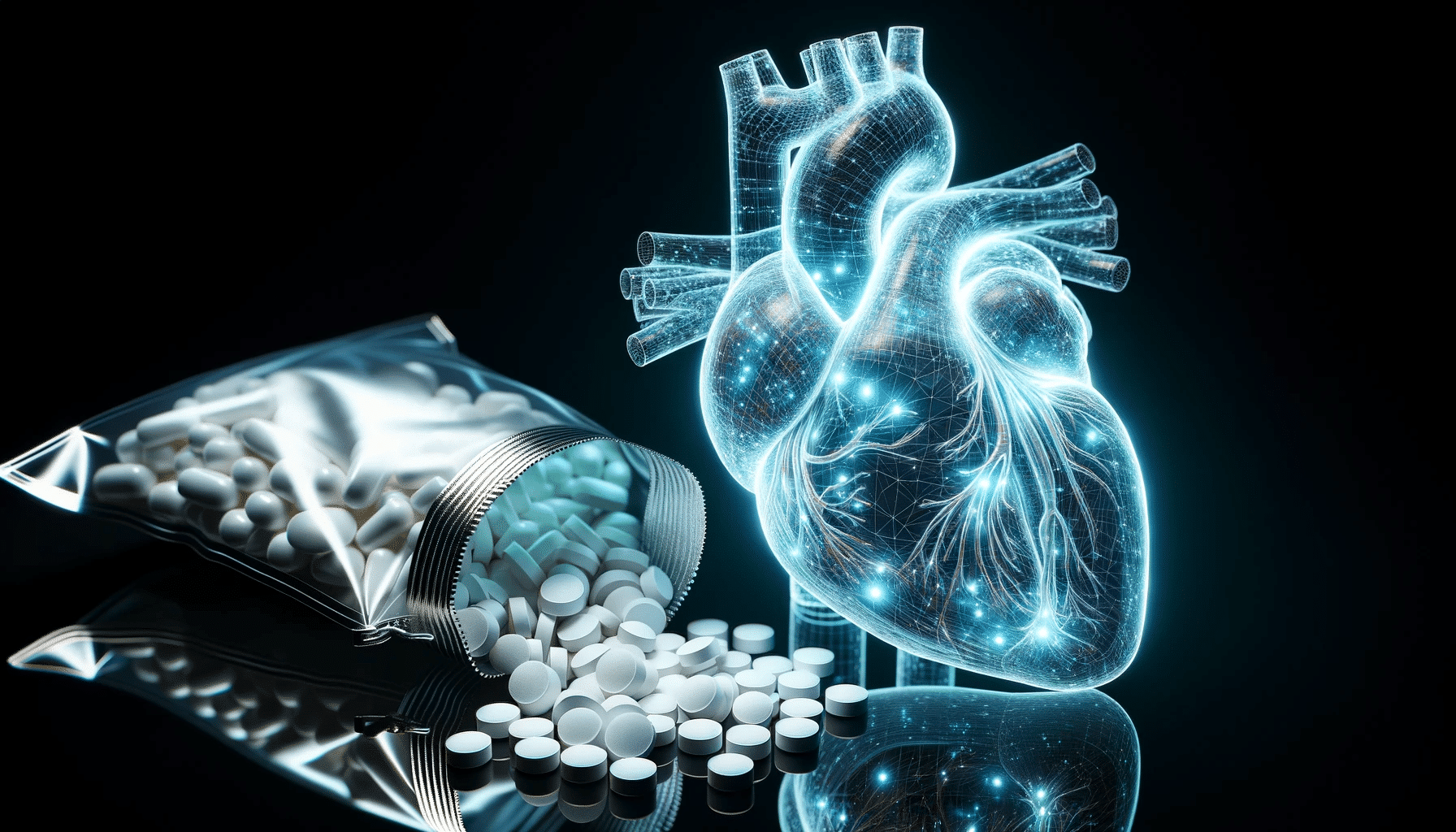 Professional image of a luminous see through heart displaying its complex internal structures. Next to it on a dark reflective surface a pouch of m