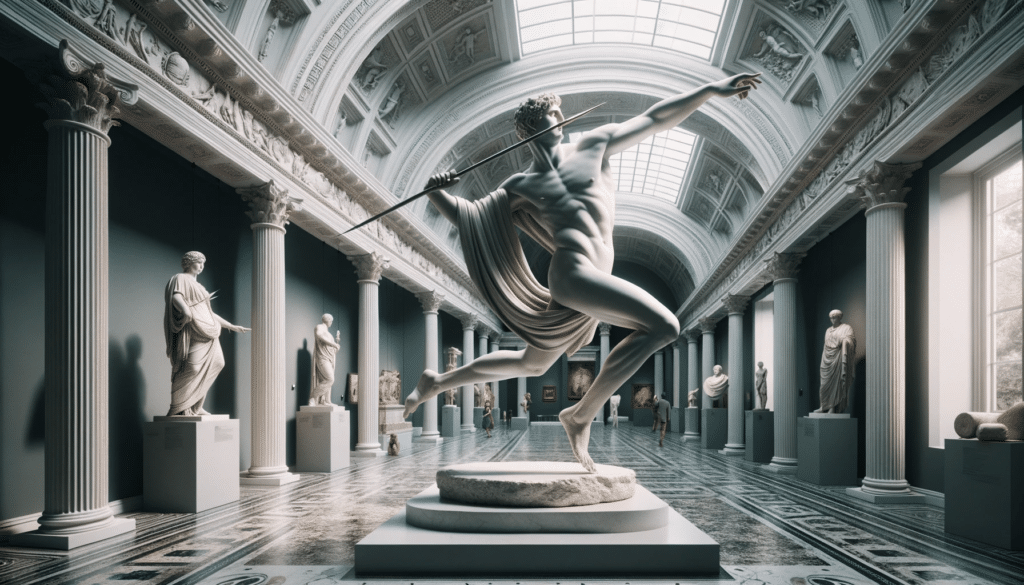 Professional photo in a sophisticated art gallery setting drenched in ciano RGB 195781 or HEDX 133951. A Greek statue depicting a javelin thrower 1