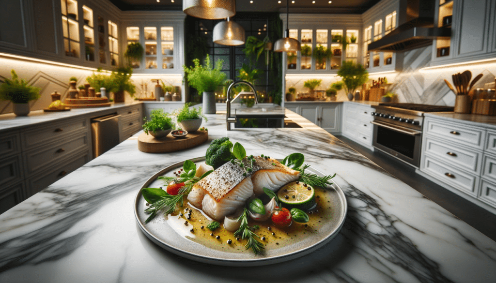 Professional photo of a beautifully plated dish with succulent fish fillets garnished with fresh herbs set on a polished marble countertop in an ele