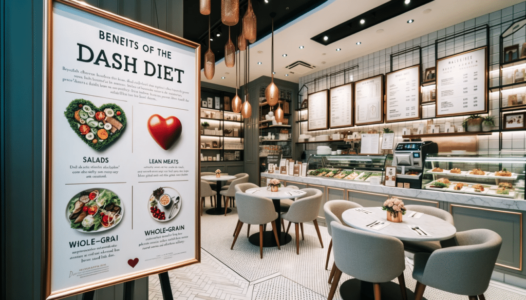 Professional photo of a chic health cafe. The menu showcases dishes inspired by the DASH diet including salads lean meats and whole grain options
