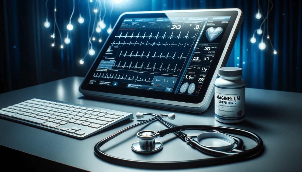Professional photo of a contemporary cardiologists workspace illuminated by ambient lighting. An advanced ECG machine displays a patients report wh
