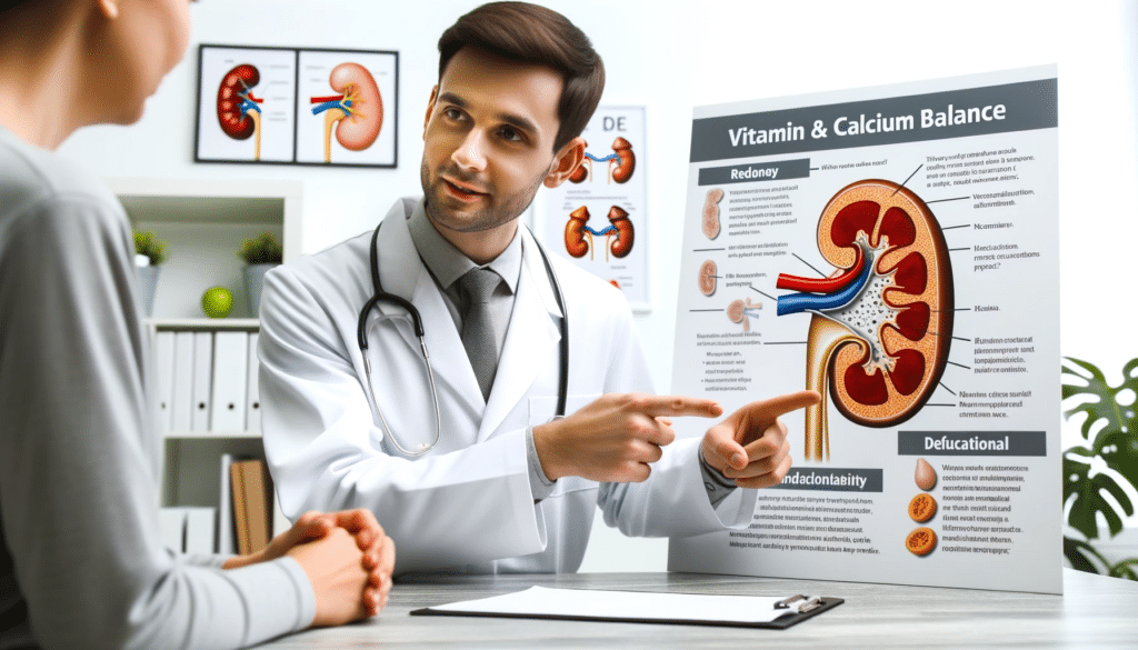 Professional photo of a doctors office. The physician is discussing with a patient pointing to an anatomical model of a kidney emphasizing the pote