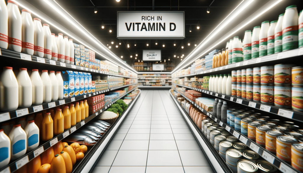 Professional photo of a modern grocery store aisle. The focus is on products labeled Rich in Vitamin D. From dairy products to fish cans the scene