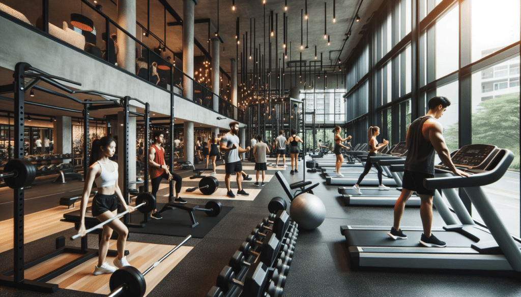Professional photo of a modern gym setting with diverse individuals engaged in various exercises from weightlifting to treadmill running. The environ