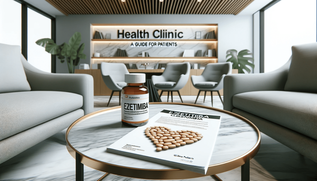Professional photo of a modern health clinics lounge. On a stylish coffee table theres a detailed pamphlet titled Ezetimiba A Guide for Patients