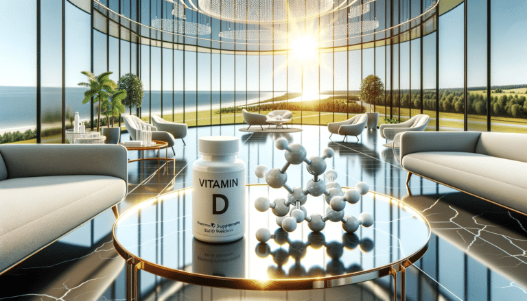 Vitamina D: Alerta de Saúde Sobre os Riscos da Superdosagem 14 Professional photo of a modern medical lounge with panoramic windows showcasing a sunny day outside. On a glass coffee table, there's a 3D model of t
