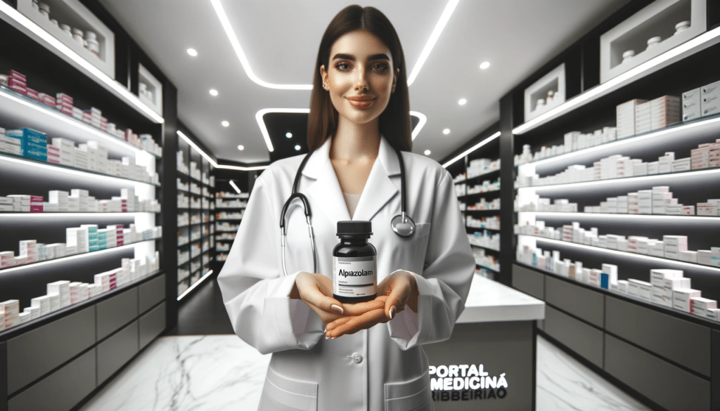Professional photo of a modern pharmacy interior with sleek shelves and contemporary design. In the center, a female pharmacist is holding a bottle of
