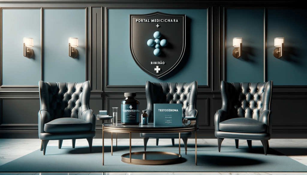 Professional photo of a posh health clinics waiting room highlighted by dark cyan tones. Elegant chairs surround a central table where a brochure ti