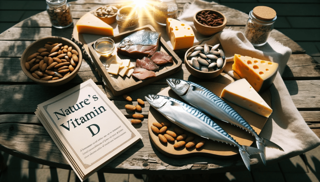Professional photo of a rustic wooden table in an outdoor setting. Sunlight shines on a spread of Vitamin D rich foods like mackerel cheese and beef