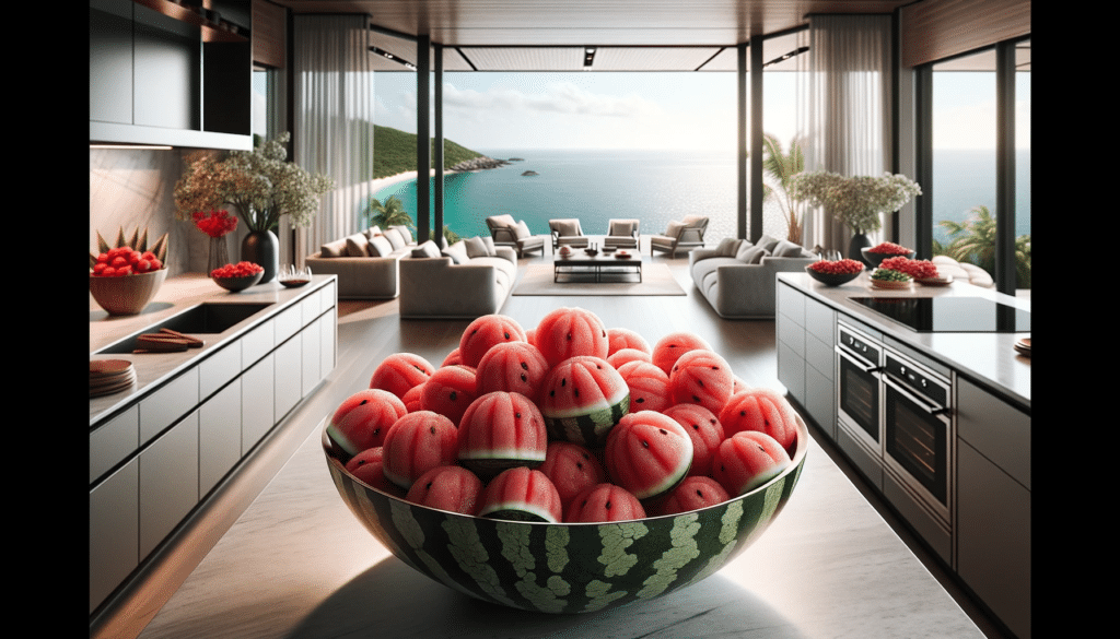 Professional photo of a sophisticated kitchen with a panoramic ocean view. On the counter a decorative bowl is filled with watermelon balls their ju