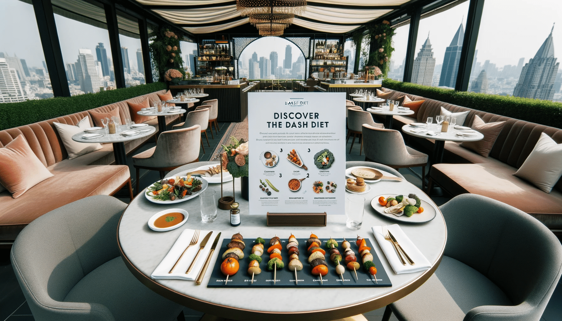 Professional photo of a sophisticated restaurant terrace with a city view. The menu showcases DASH diet delicacies, from roasted vegetables to lean me