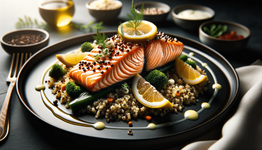 Professional photo of a sophisticated salmon dish served in a high end restaurant. The salmon is perfectly cooked placed atop a bed of quinoa and dri