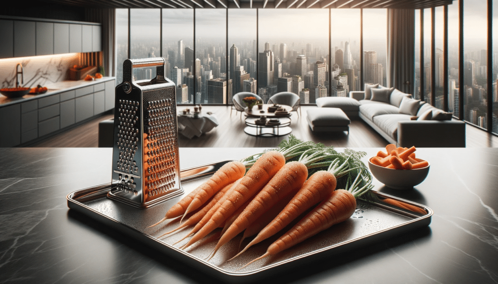 Professional photo of a state of the art kitchen with a panoramic city view. A silver tray displays freshly washed carrots glistening with droplets
