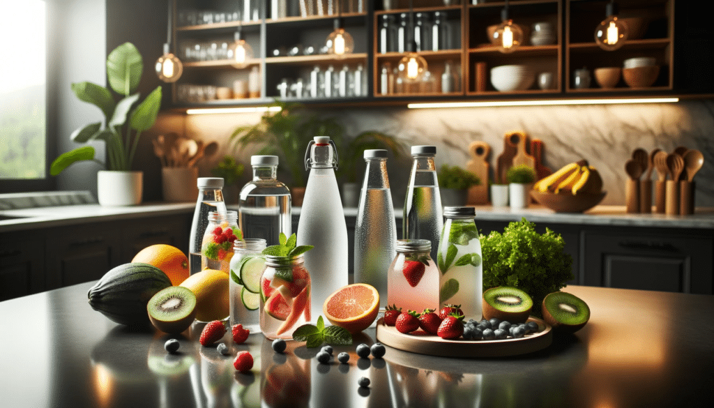 Professional photo of a variety of hydration sources such as water bottles fresh fruit infused water and electrolyte drinks elegantly displayed on