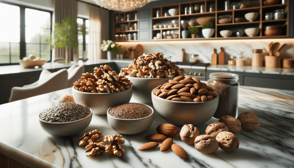 Professional photo of a variety of nuts and seeds such as walnuts almonds flaxseeds and sunflower seeds elegantly presented in stylish bowls on a