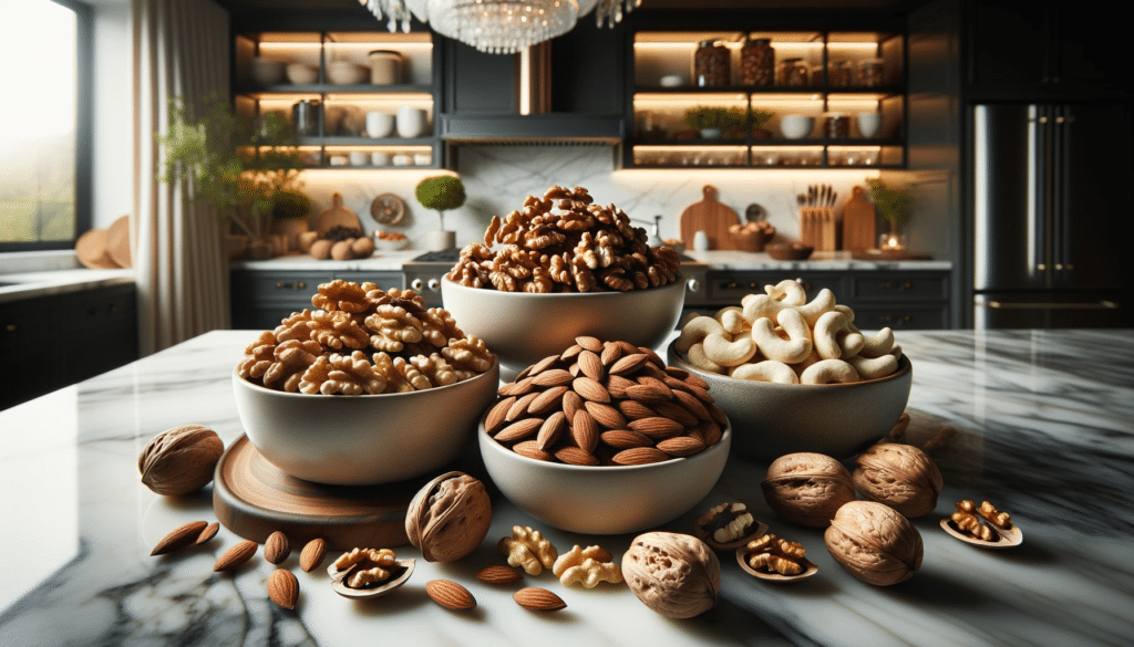 Professional photo of an assortment of fresh nuts including walnuts almonds and cashews beautifully displayed in elegant bowls on a polished marbl