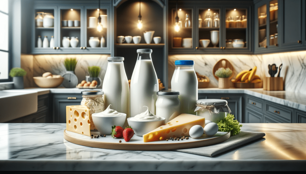 Professional photo of an assortment of low fat dairy products such as skim milk light yogurt and reduced fat cheese elegantly displayed on a polis