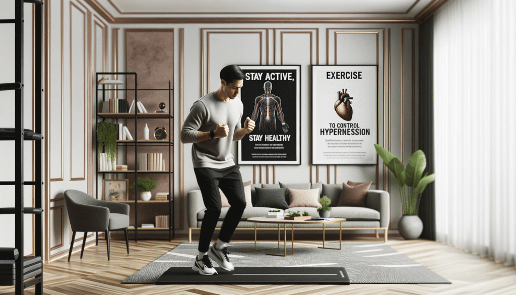 Professional photo of an elegant home gym. A man is engaged in moderate intensity exercises with posters on the wall providing tips like Stay Active
