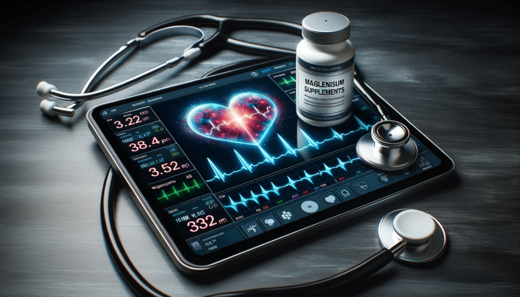 Professional photo of an upscale cardiologists study. A touch screen ECG device displays vibrant heart readings complemented by an elegant robust s