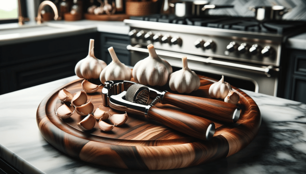 Professional photo of an upscale kitchen setting with state of the art appliances. A cutting board made of rich walnut wood showcases freshly peeled g 1