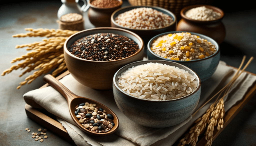 Professional photo of assorted whole grains in elegant bowls. Quinoa brown rice and oats are displayed highlighting their role in the DASH diet as